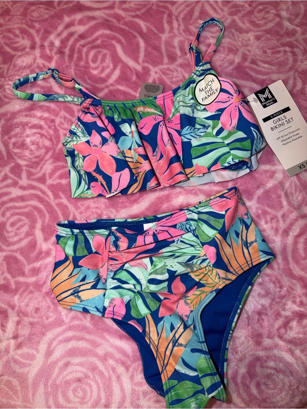 Mossimo Girls Tropical Floral Bikini Set - Pink & Blue xs 4/5 little girls